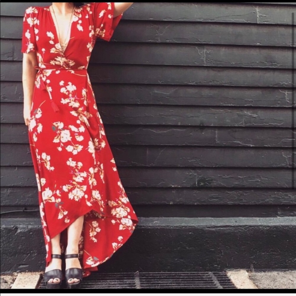 Red floral wrap dress